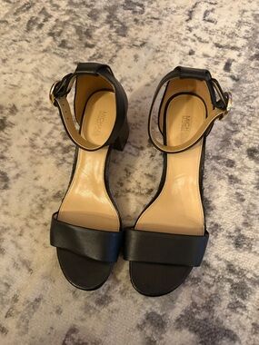 MICHAEL Michael Kors Black Leather Block-Heel Sandals with Gold Buckle